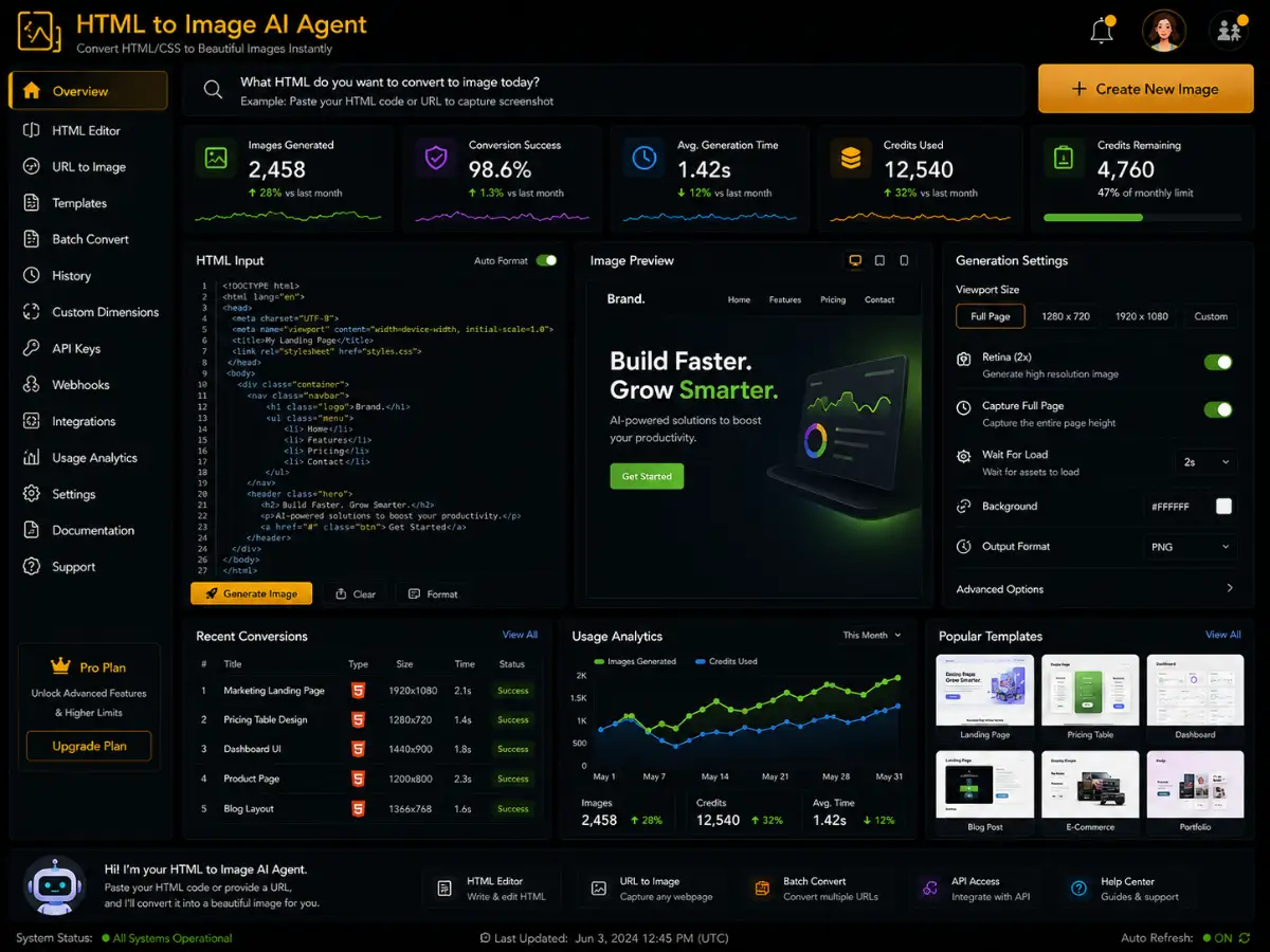 htmltoimage.app AI HTML-to-image agent app — training dashboard preview